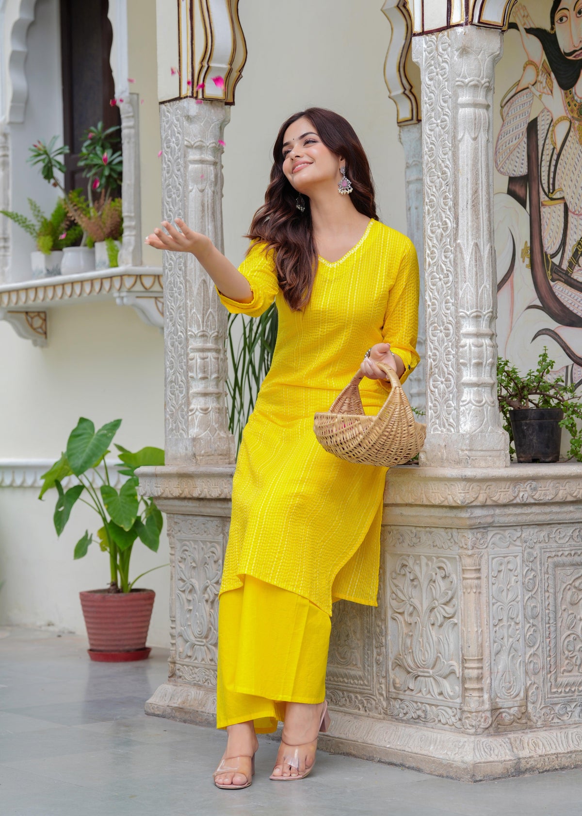 Yellow Katha Cotton Kurta and Cotton Palazzo Set