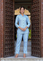 Jordy Blue Leaf Printed Printed Cotton Blend Co-Ord Set