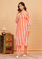 Orange White Striped Rayon Kurta and Pant Set