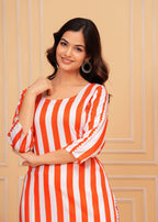 Orange White Striped Rayon Kurta and Pant Set
