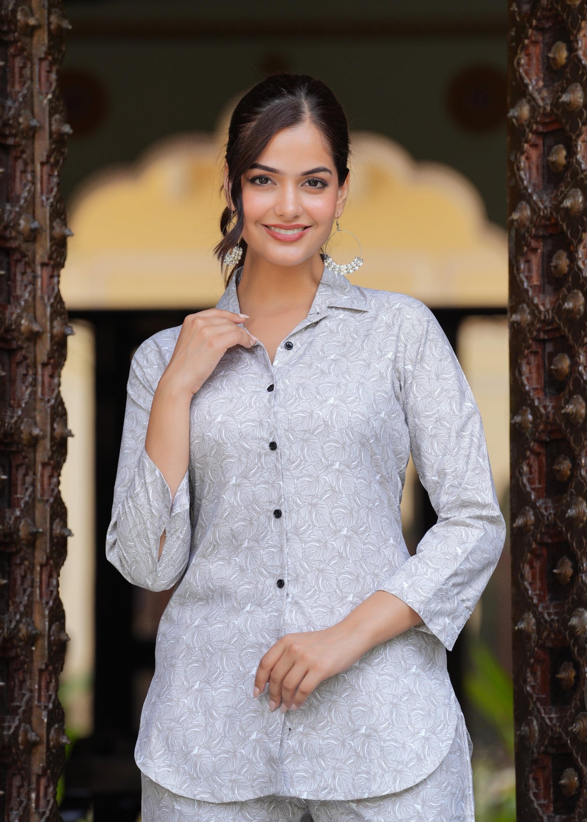French Grey Leaf Printed Printed Cotton Blend Co-Ord Set