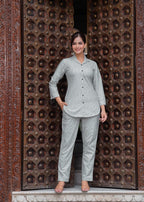 Ash Grey Leaf Printed Cotton Blend Co-Ord Set