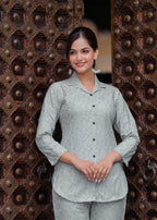 Ash Grey Leaf Printed Cotton Blend Co-Ord Set
