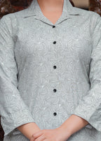 Ash Grey Leaf Printed Cotton Blend Co-Ord Set
