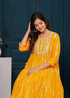 Chrome Yellow Embroidered Cotton Lurex Anarkali Gown