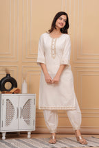 Off White Embroidered Cotton Suit Set with Dupatta