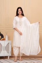 Off White Embroidered Cotton Suit Set with Dupatta