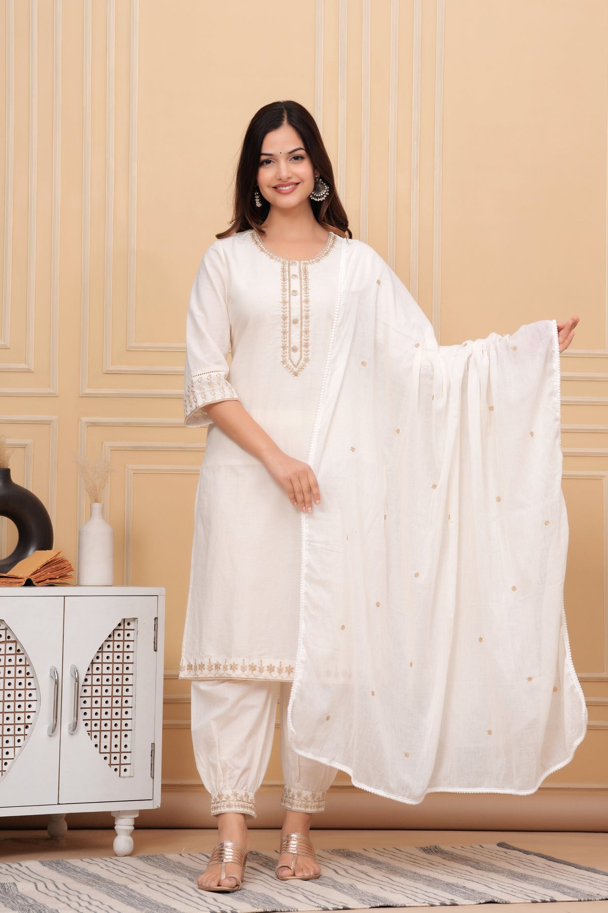 Off White Embroidered Cotton Suit Set with Dupatta