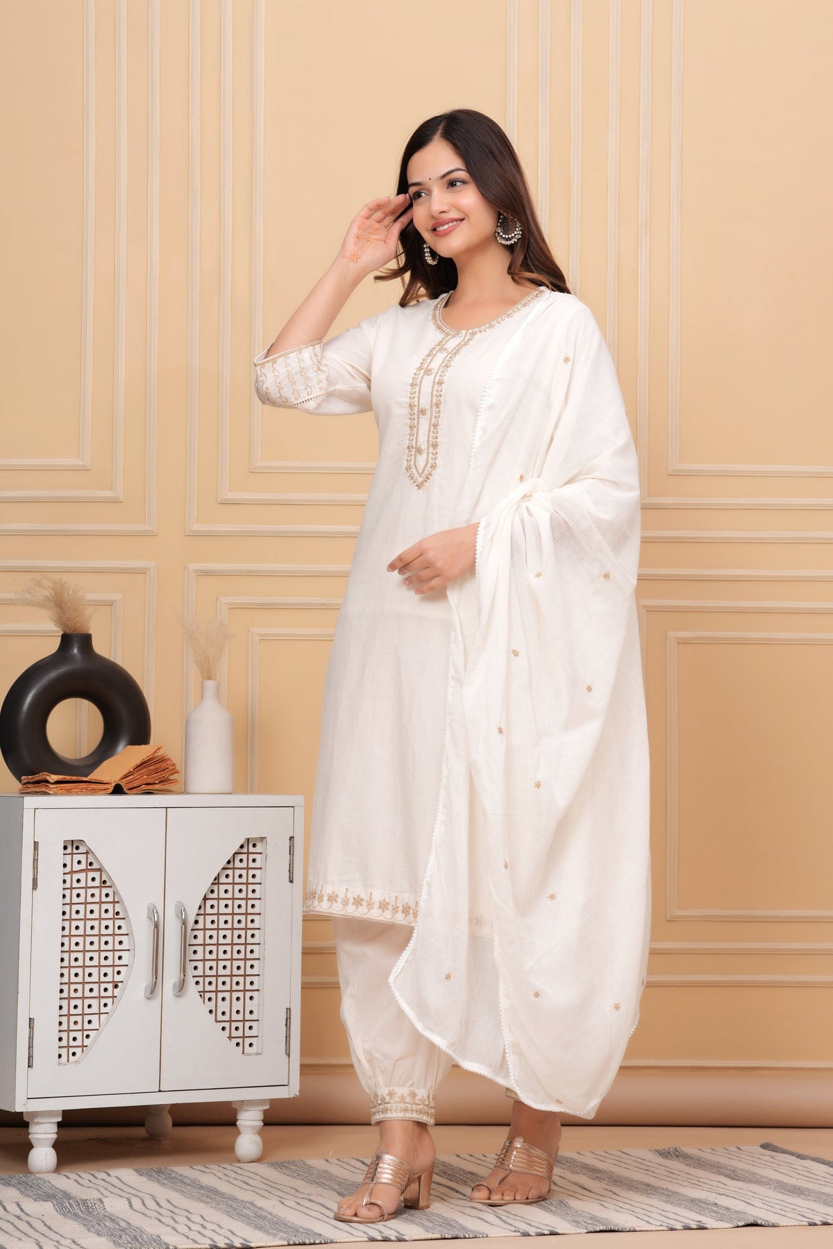 Off White Embroidered Cotton Suit Set with Dupatta