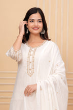Off White Embroidered Cotton Suit Set with Dupatta