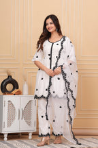White Embroidered Cotton Suit Set with Embroidered Organza Dupatta