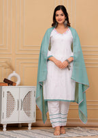 Embroidered White Cotton Kurta and Pant Set with Dupatta