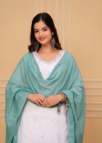 Embroidered White Cotton Kurta and Pant Set with Dupatta