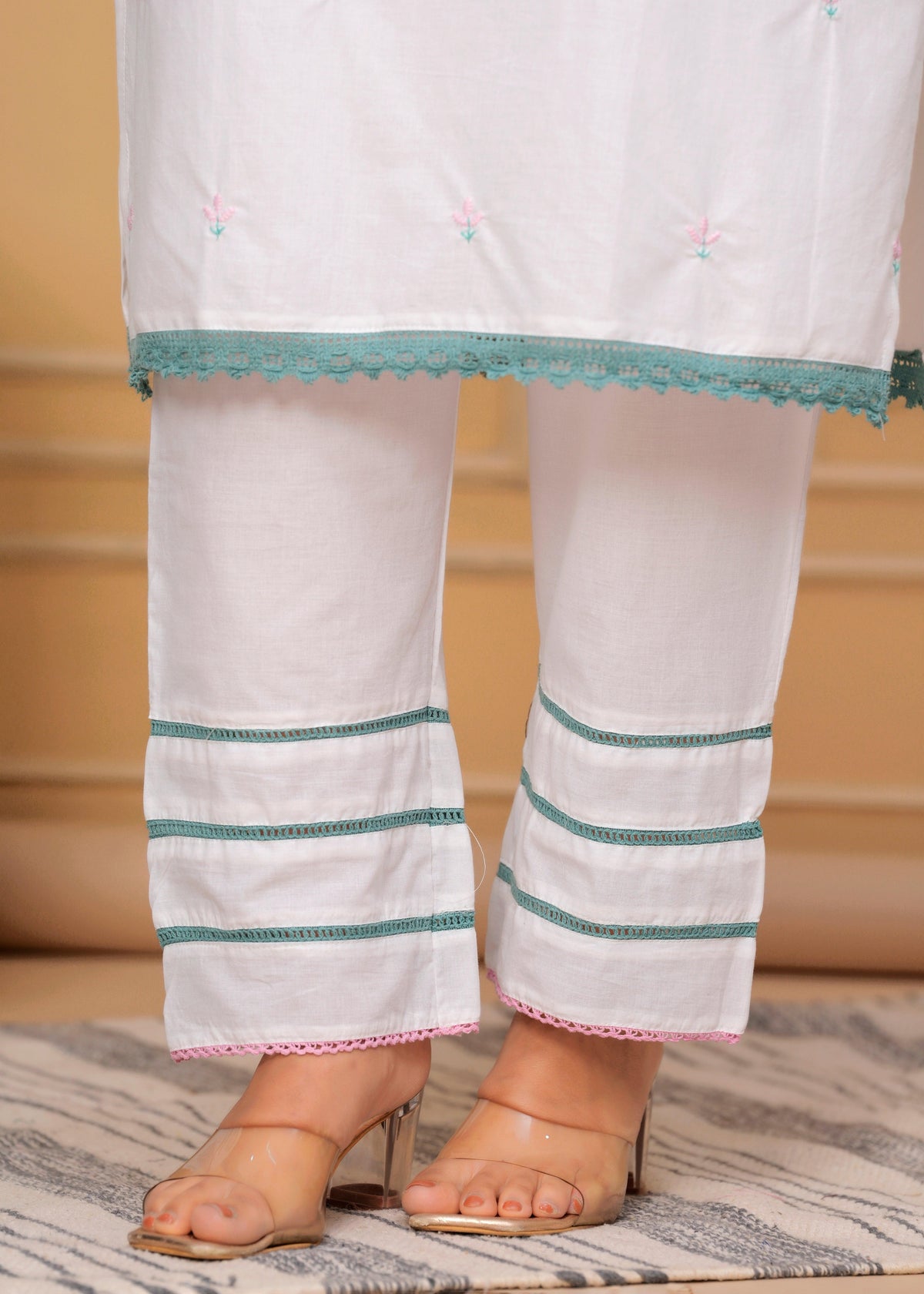 Embroidered White Cotton Kurta and Pant Set with Dupatta