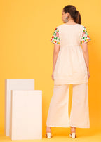 Off White Embroidered Cotton Flex Co-Ord Set