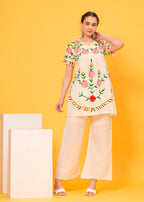 Off White Embroidered Cotton Flex Co-Ord Set