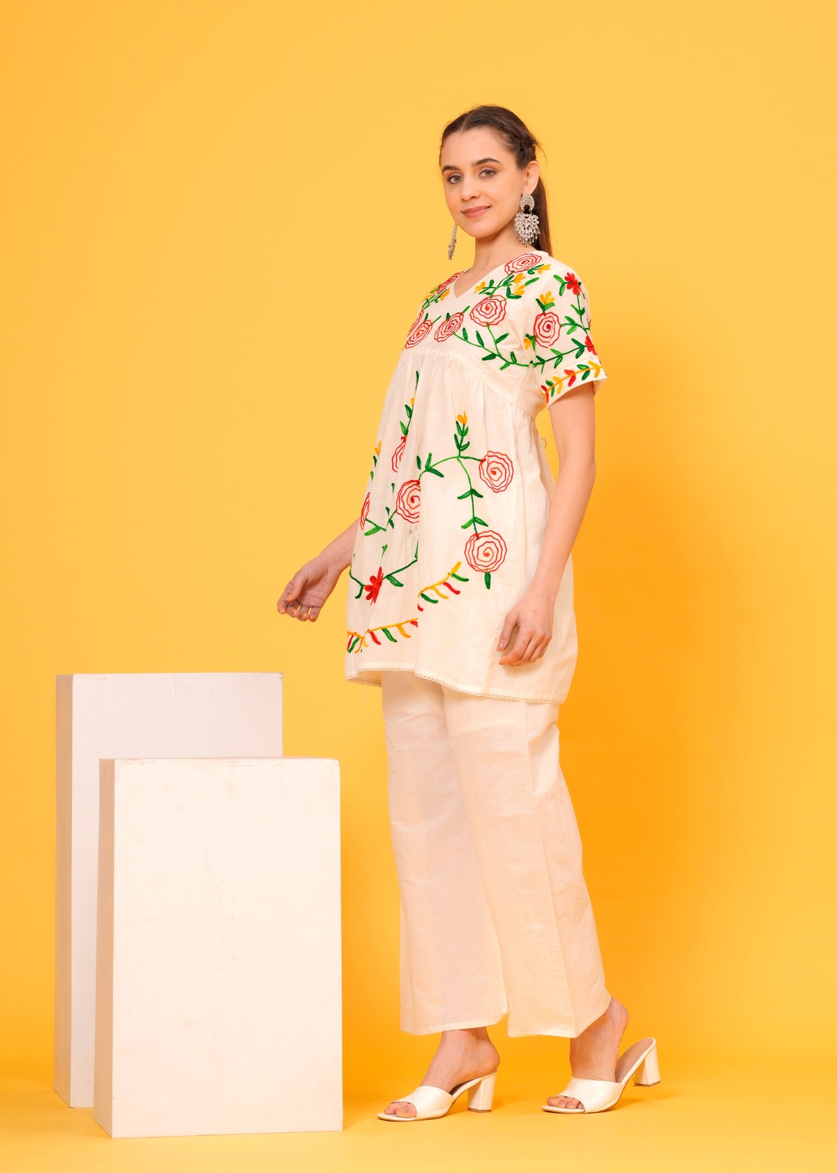 Off White Embroidered Cotton Flex Co-Ord Set