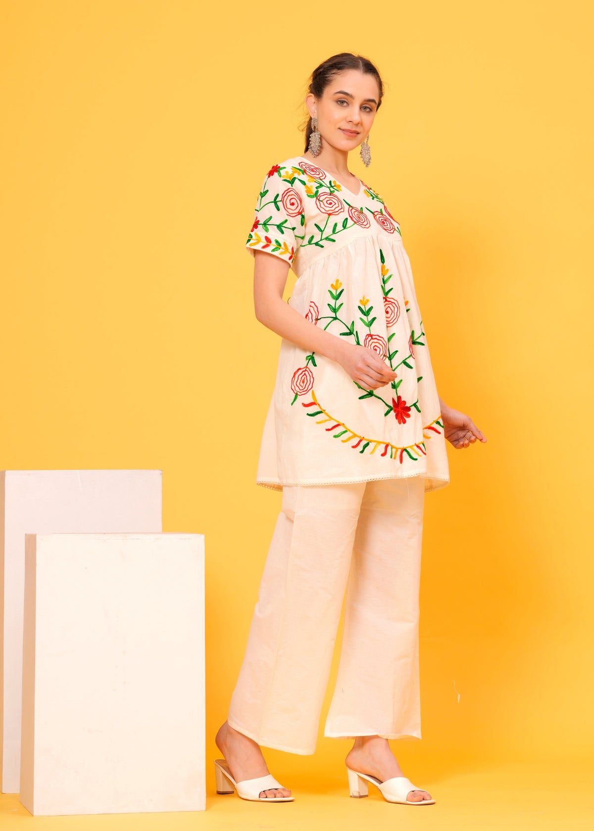 Off White Embroidered Cotton Flex Co-Ord Set
