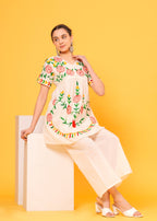 Off White Embroidered Cotton Flex Co-Ord Set