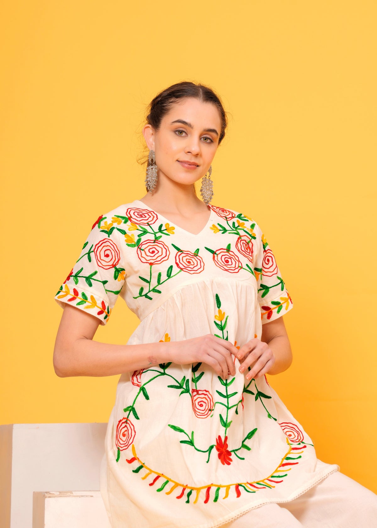 Off White Embroidered Cotton Flex Co-Ord Set