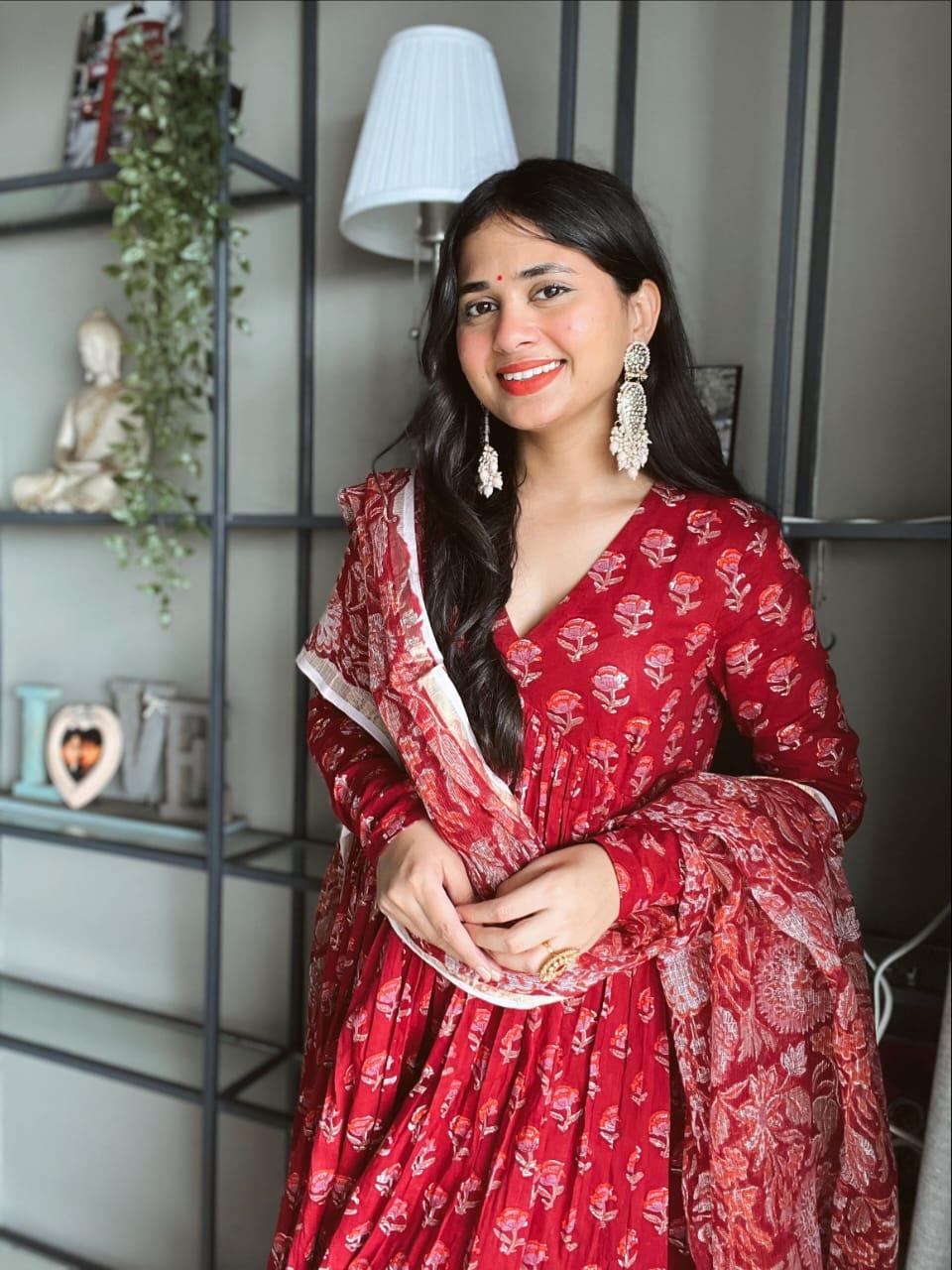 Red Flower Printed Cotton Suit Set