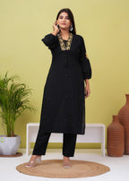 Black Embroidered Boota Cotton Kurta and Pant Set
