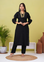 Black Embroidered Boota Cotton Kurta and Pant Set