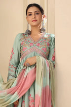 Sage Green Embroidered Floral Printed Muslin Anrkali Suit Set with Dupatta
