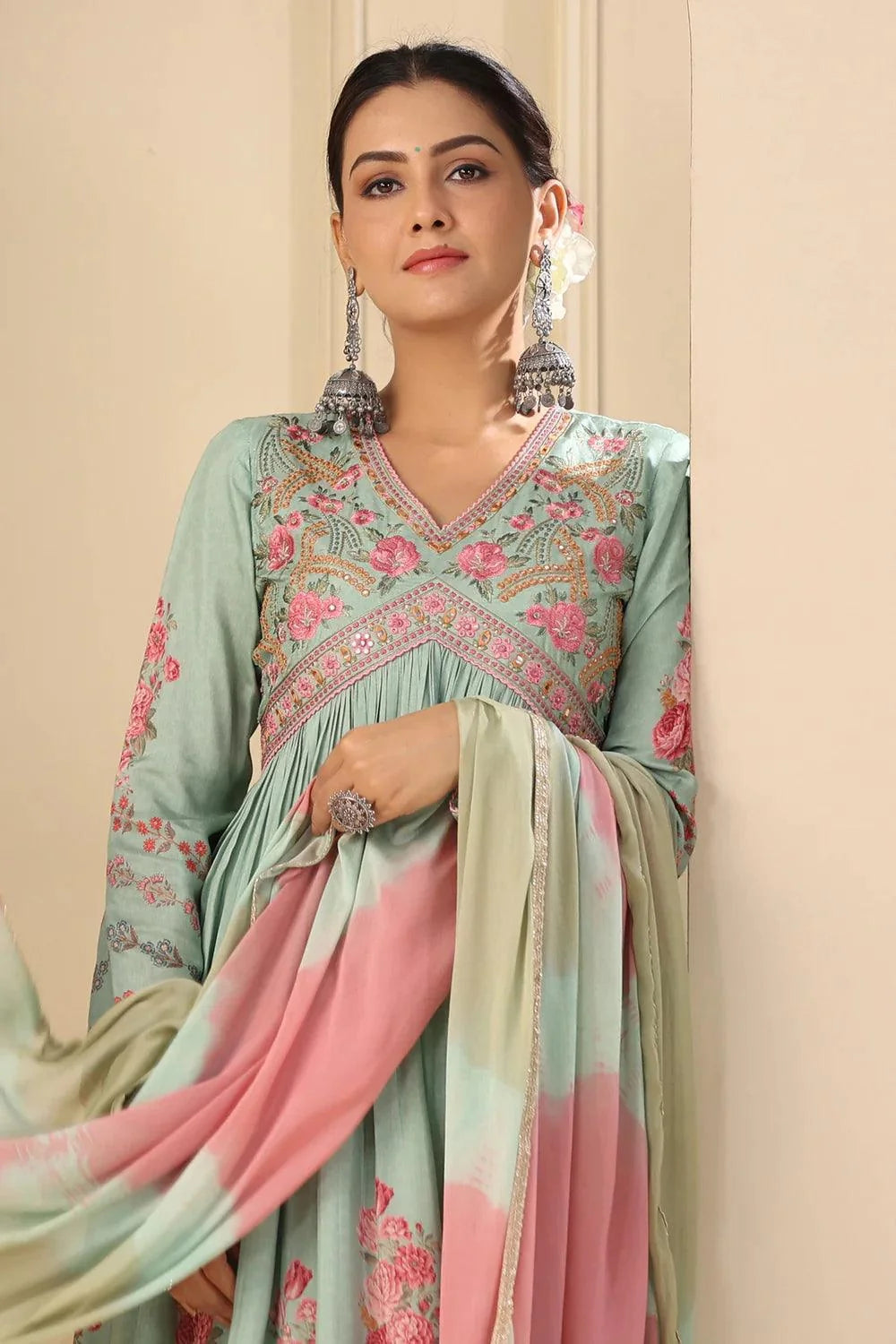 Sage Green Embroidered Floral Printed Muslin Anrkali Suit Set with Dupatta