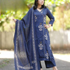 Navy Blue Printed Cotton Kurta and Pant Set with Mulmul Dupatta