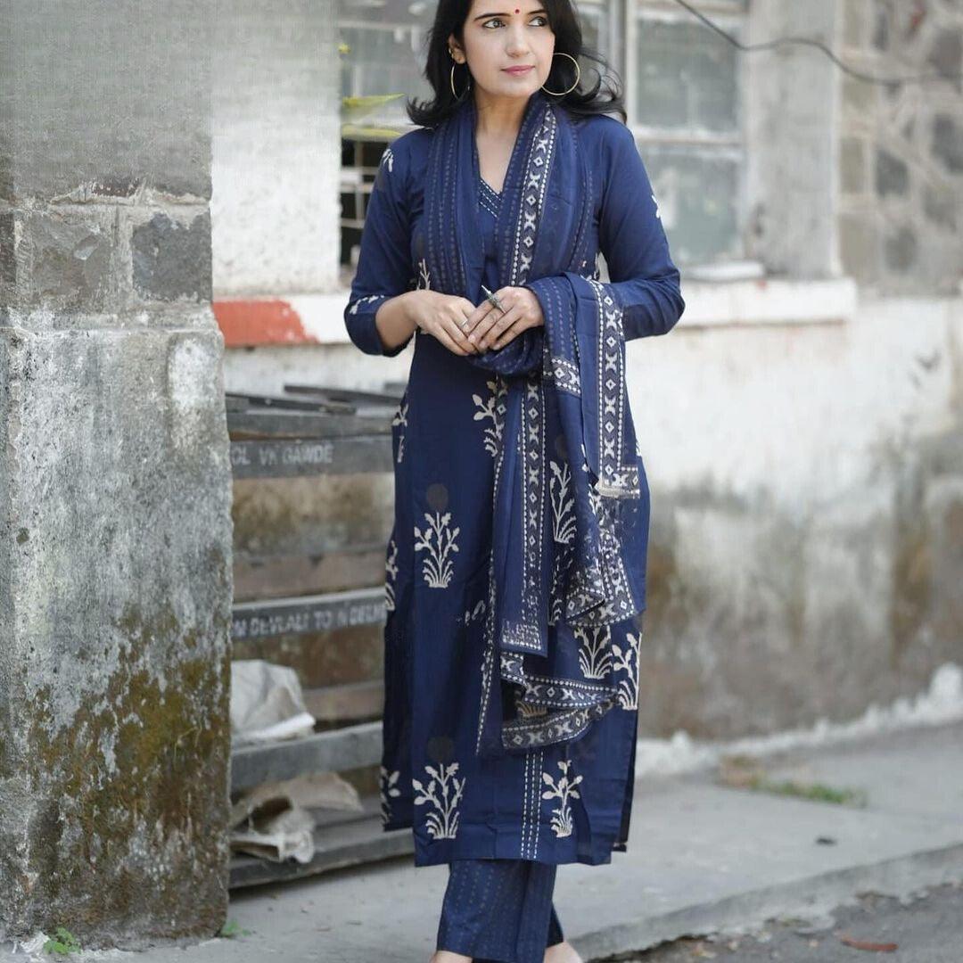 Navy Blue Printed Cotton Kurta and Pant Set with Mulmul Dupatta