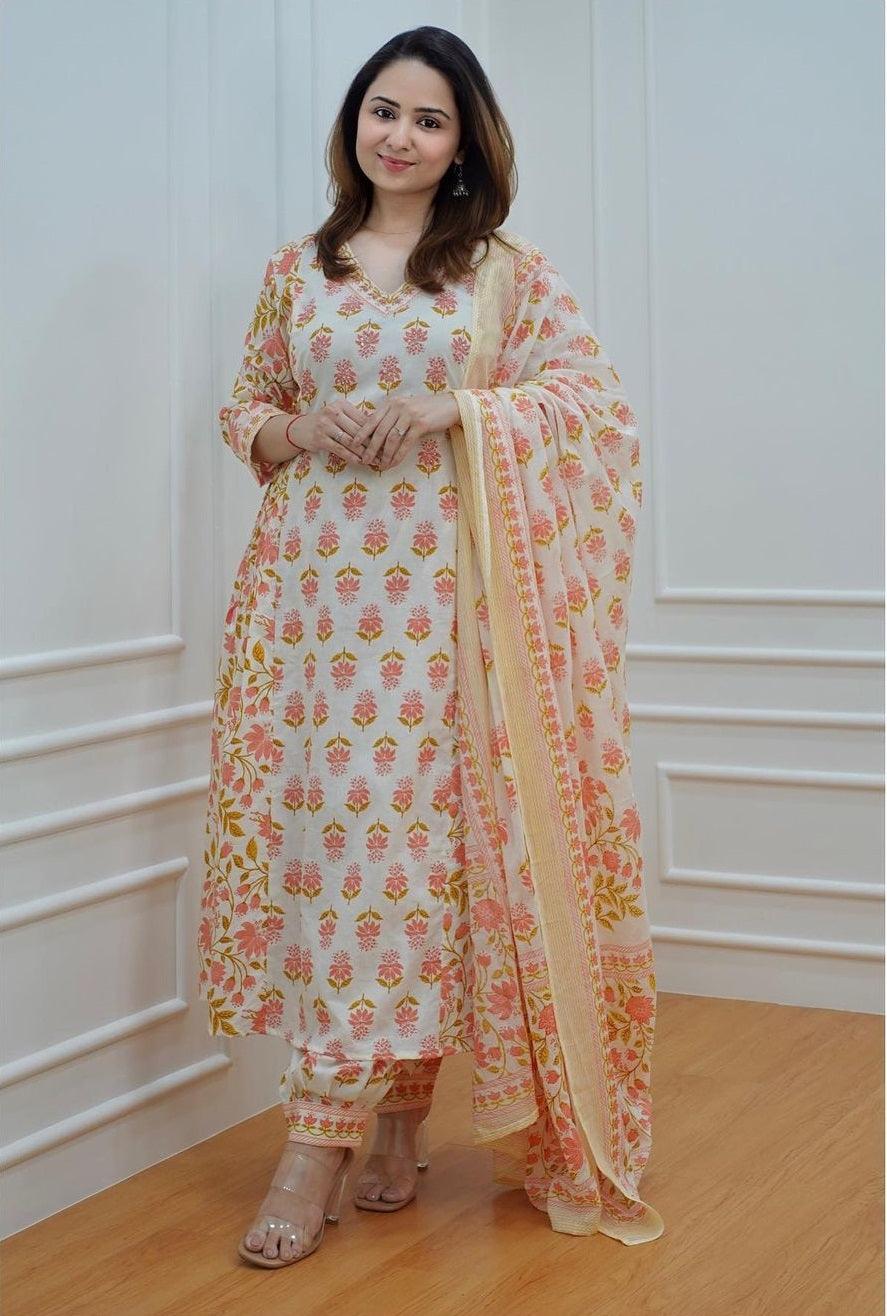 Floral Printed Kurta Pant Set with Dupatta