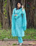 Sky Blue Bandhani Printed Embroidered Kurta Pant Set with Dupatta