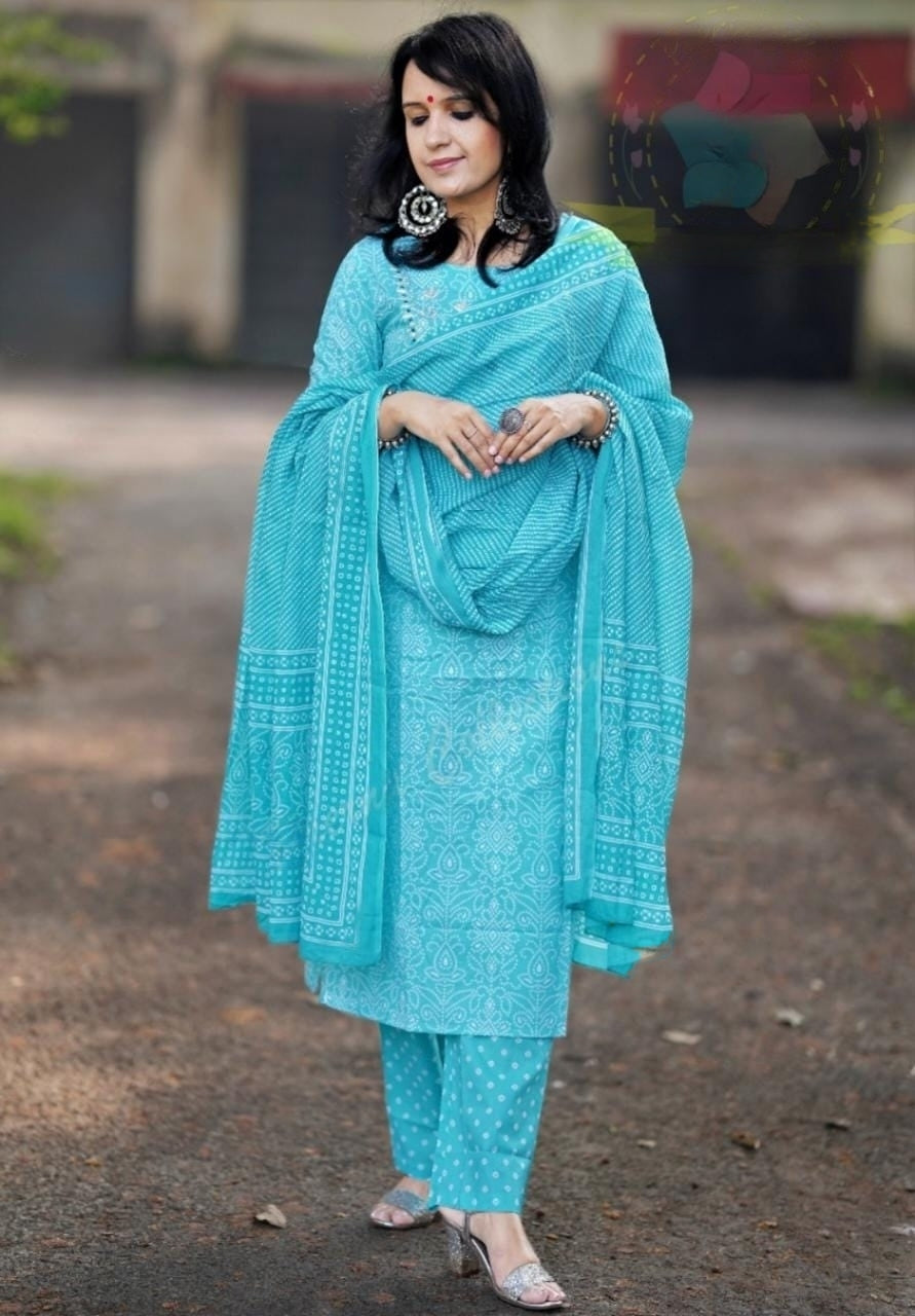 Sky Blue Bandhani Printed Embroidered Kurta Pant Set with Dupatta