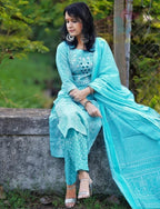 Sky Blue Bandhani Printed Embroidered Kurta Pant Set with Dupatta