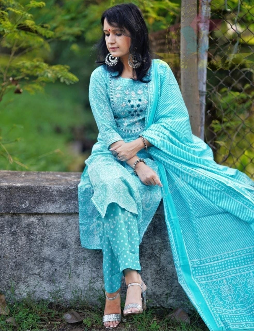 Sky Blue Bandhani Printed Embroidered Kurta Pant Set with Dupatta
