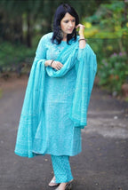 Sky Blue Bandhani Printed Embroidered Kurta Pant Set with Dupatta