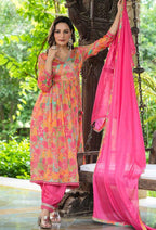 Floral Printed Embellished Muslin Suit Set with Georgette Dupatta