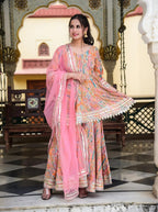Peachy Pink Gota Work Muslin Suit Set with Dupatta