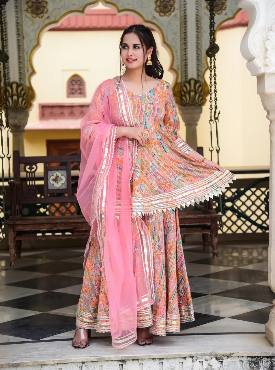 Peachy Pink Gota Work Muslin Suit Set with Dupatta