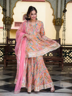 Peachy Pink Gota Work Muslin Suit Set with Dupatta