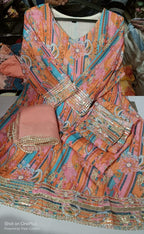 Peachy Pink Gota Work Muslin Suit Set with Dupatta