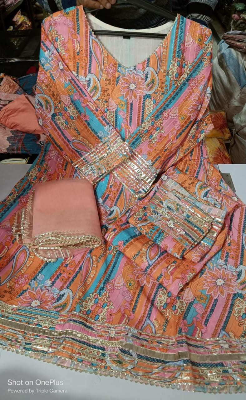Peachy Pink Gota Work Muslin Suit Set with Dupatta
