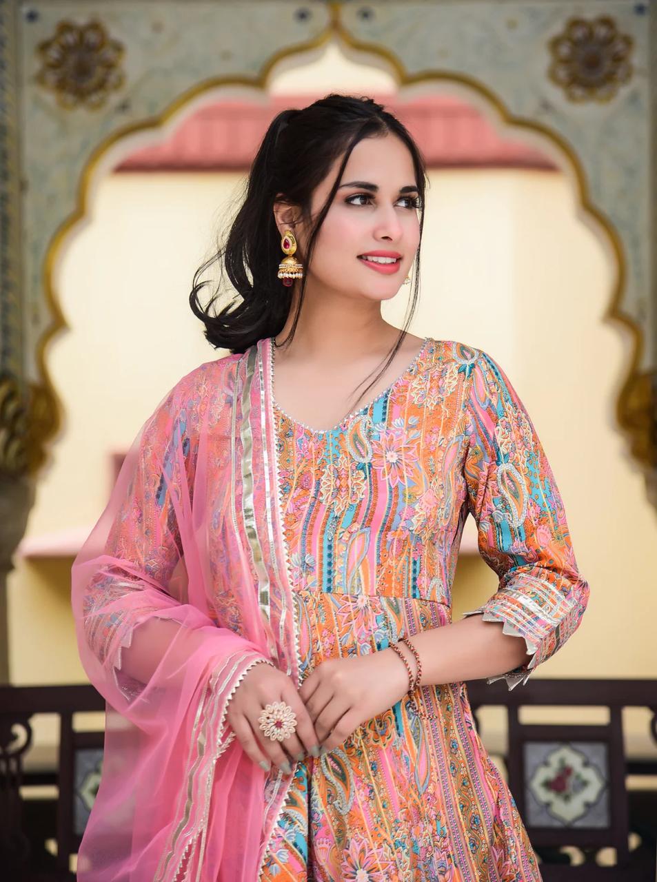 Peachy Pink Gota Work Muslin Suit Set with Dupatta
