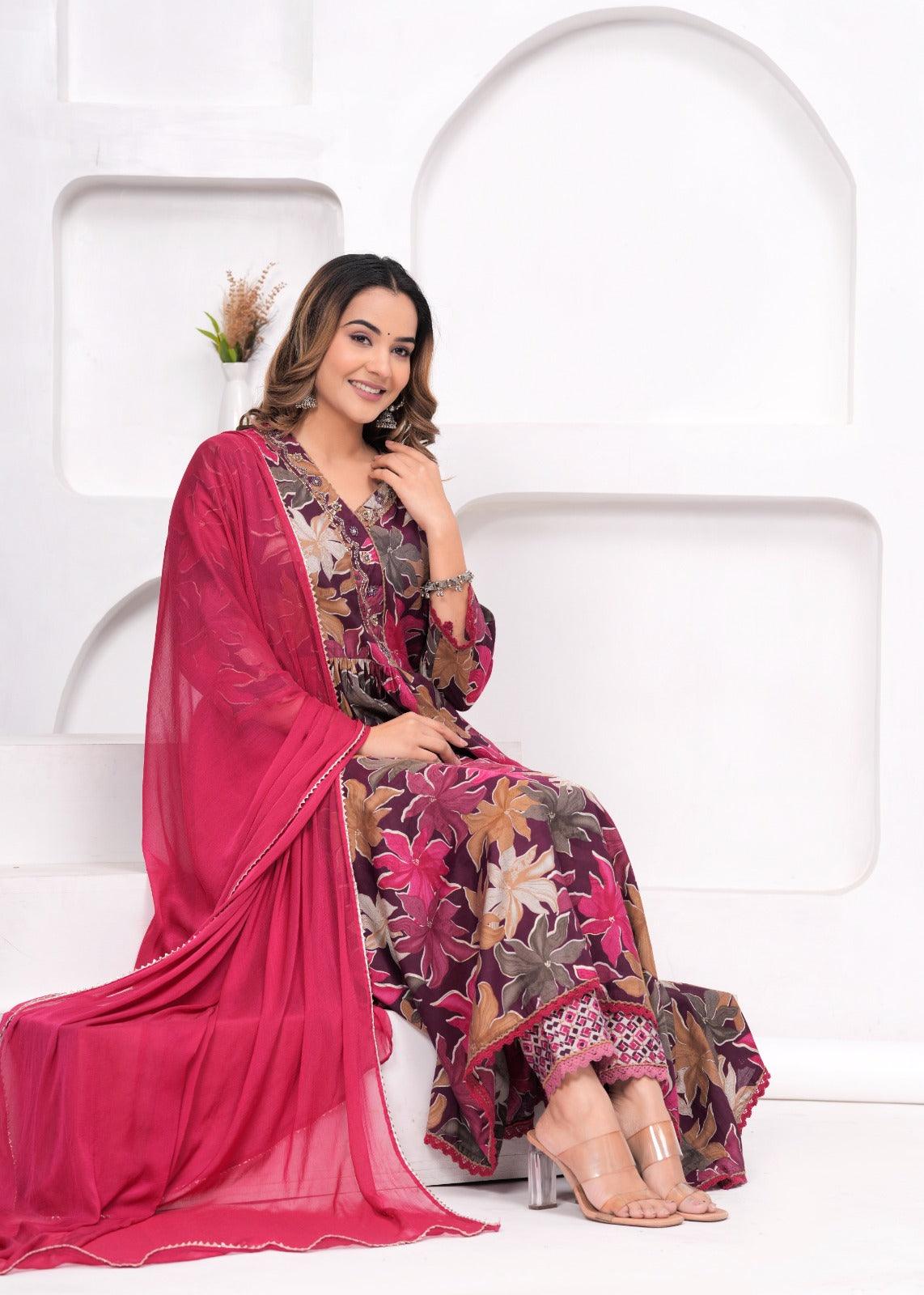 Floral Printed Muslin Anarkali Suit Set with Brick Red Georgette Dupatta