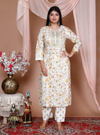 Printed Cotton Kurta and Pant Set with Mulmul Dupatta