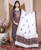 Wine Berry Cotton Printed Kurta and Pant Set with Printed Mulmul Dupatta