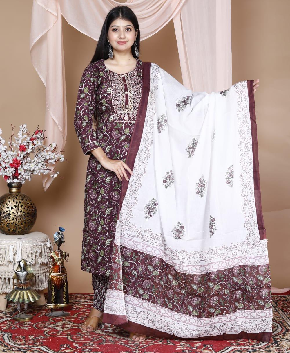 Wine Berry Cotton Printed Kurta and Pant Set with Printed Mulmul Dupatta