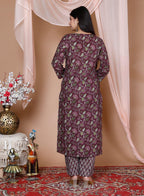 Wine Berry Cotton Printed Kurta and Pant Set with Printed Mulmul Dupatta