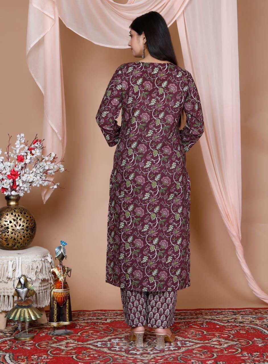 Wine Berry Cotton Printed Kurta and Pant Set with Printed Mulmul Dupatta